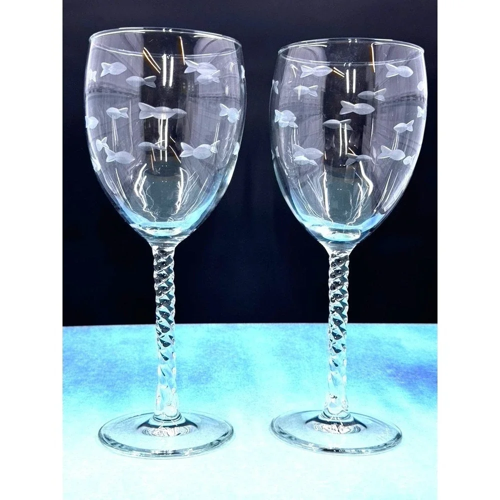 Etched Wine Glass Set Of 2, Cut Out Fish, Signed, RAB 2016, White‎ Wine,